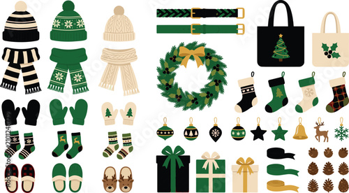 Bild auf Leinwand Christmas winter clothing and holiday decoration icon set featuring hats scarves