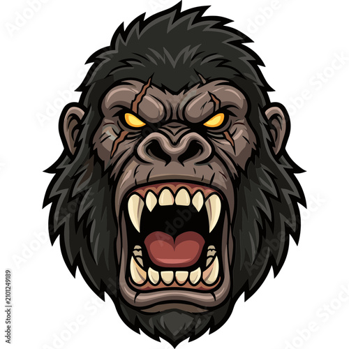 A cartoon illustration of a furious gorilla head with sharp teeth and glowing eyes.