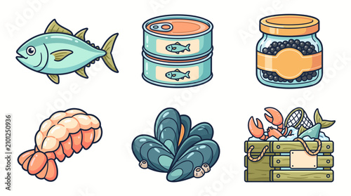 Set of cartoon seafood icons including fish canned goods and shellfish