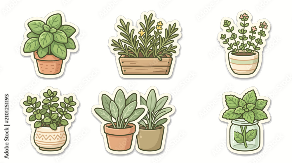 Fototapeta premium Vector Collection of Potted Green Herb Plants and Botanical Stickers