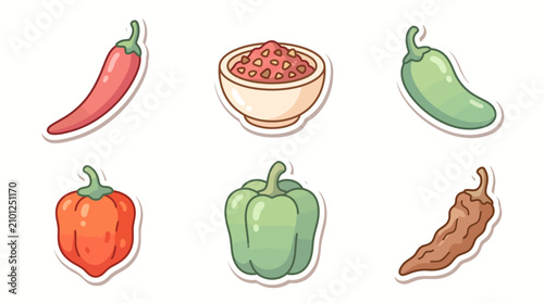 Set of hot chili and bell pepper stickers with spicy salsa bowl
