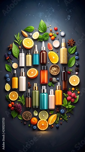 Colorful bottles with fruit and leaves.