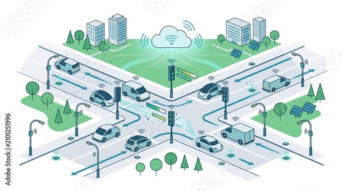 Autonomous vehicle navigating through smart city infrastructure with connected roads and green spaces