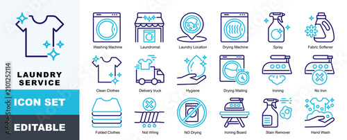 Laundry Service Icon Pack Featuring Washing Machine, Laundromat, Location, Drying Machine, Spray, Fabric Softener, Clean Clothes, Delivery