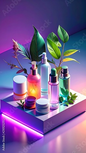 Cosmetic products with natural ingredients display.