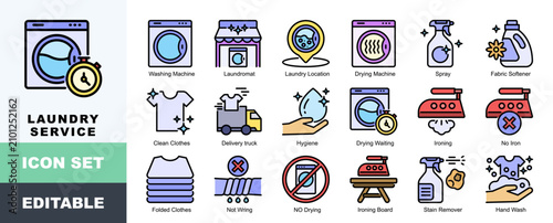 Laundry Service Icon Pack Featuring Washing Machine, Laundromat, Location, Drying Machine, Spray, Fabric Softener, Clean Clothes, Delivery