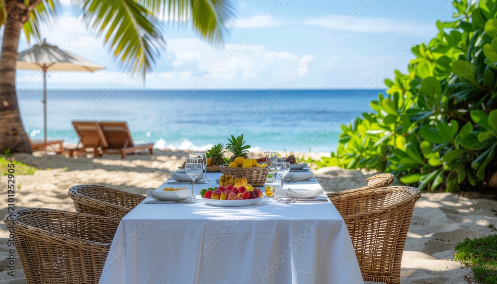Fototapeta premium Elegant table setting on tropical beach with turquoise ocean view, luxury resort dining and honeymoon travel concept