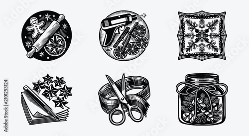 Linocut Christmas crafts vector illustration set. Vintage monochrome badges featuring handmade DIY holiday gifts, baking, scissors, ribbon, and cozy decor.