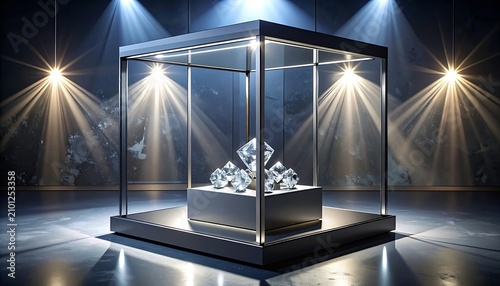 Diamond display in glass showcase box.
