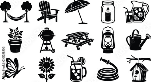Quadro su tela Summer outdoor living collection black silhouette icons for relaxation and recre