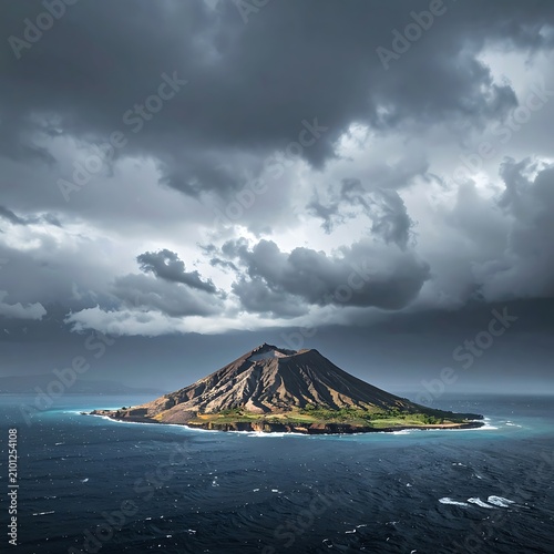 Dramatic island landscape with dark clouds.