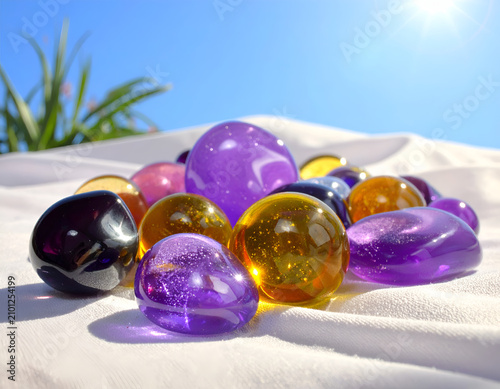 Pile of colorful glass stones on a white cloth under the sun.
