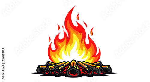 Tableau sur toile Dynamic vector illustration of a blazing orange and yellow fire flame with sparks and smoke effects, isolated on a white background, representing intense heat, energy, and power