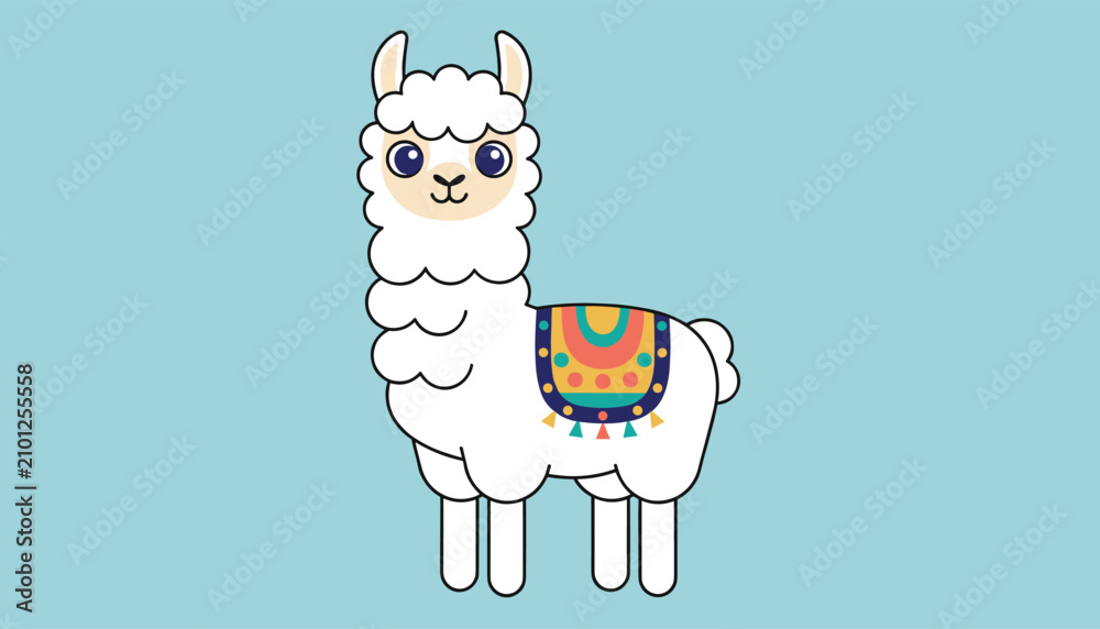 Obraz premium Adorable white llama or alpaca wearing a colorful patterned saddle blanket against a solid light blue background for kids design.