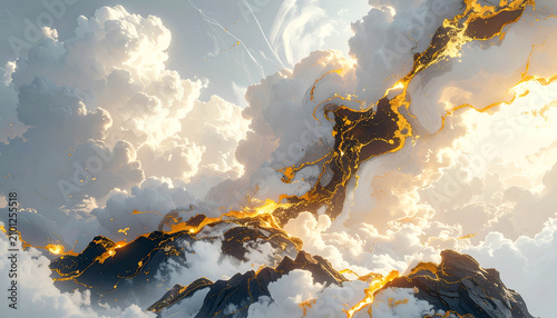 Abstract Golden Energy Flowing Through Ethereal Clouds.