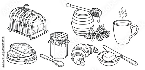 Fotografía Breakfast food line art vector illustration set, delicious morning meal elements