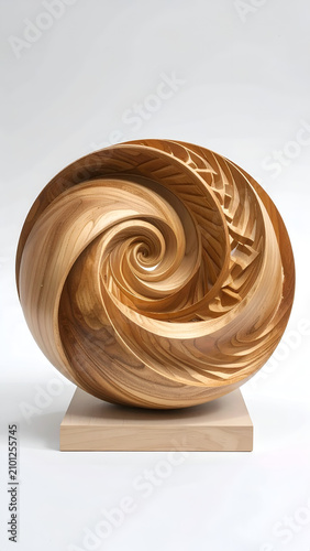 Intricate Wooden Sculpture Featuring a Swirling Fibonacci Spiral Design.