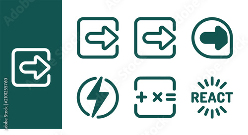 Bild auf Leinwand Minimalist monochrome dark teal chemistry reaction arrow icon set featuring flat vector symbols for science, process flow, energy, and laboratory equations on white background