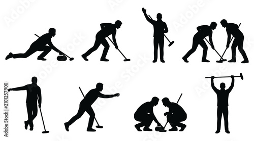 Set of curling sport silhouettes showing players sliding, sweeping, and celebrating victory with brooms and stones, isolated on white background