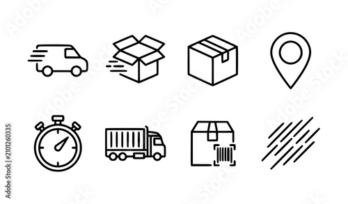 Schilderij op canvas Logistics and delivery icons set line art style