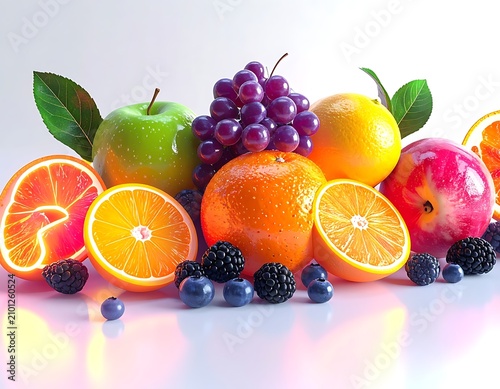 Fresh fruit assortment on white background.