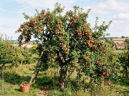 Red Apple Tree Fully Bearing Fruit with Ladder and Basket in English Orchard