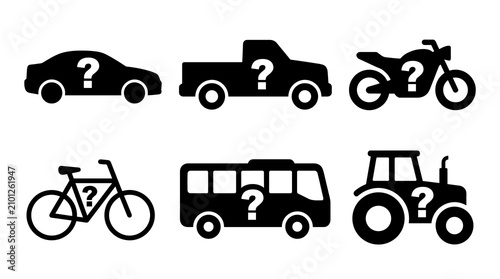 Set of silhouette icons representing different vehicles, each marked with a question mark, suggesting options or uncertainty, car, pickup truck
