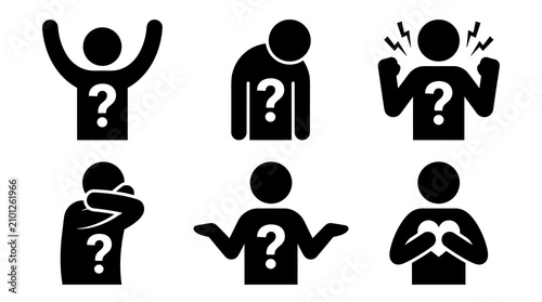 Set of black stick figures with question marks depicting various emotions of confusion, frustration, and uncertainty, problem solving, asking
