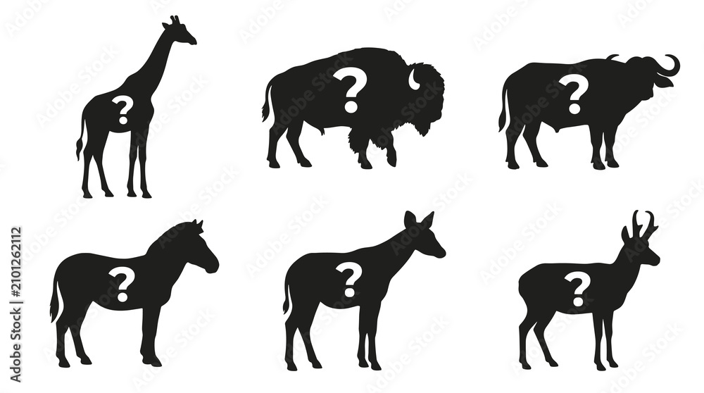 Fototapeta premium Set of silhouette animals with question marks on chests, giraffe, bison, wild boar, zebra, donkey, deer, animal identification concept, wildlife