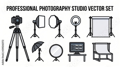 Professional photography studio equipment vector set with camera tripod lights with showcases collection professional arranged white background