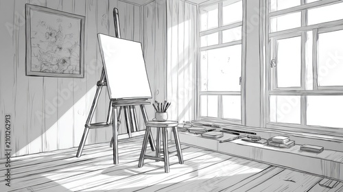 Artist's studio, bright room. Canvas on easel. Simple lines. Sunlight streams in. Art on wall.