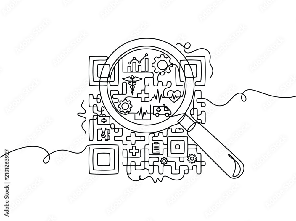 Obraz premium Medical QR code and magnifying glass with health icons and charts while analyzing data
