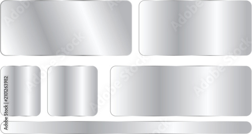 Silver metallic banner set glossy chrome plates, blank steel buttons, and shiny aluminum badges with rounded corners vector template for web ui, labels, and nameplates