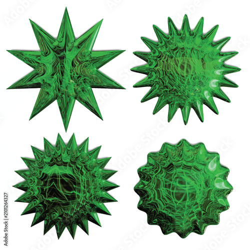 Set of green engraved stamps on white background. Badges and labels various shapes. Vector illustration	