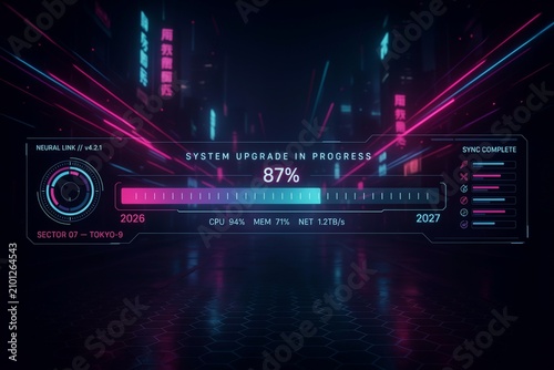 Cyberpunk HUD Hologram Loading Bar 2026 to 2027, Futuristic New Year Digital Matrix Interface.