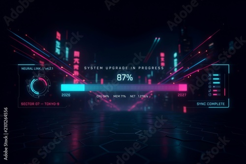 Cyberpunk HUD Hologram Loading Bar 2026 to 2027, Futuristic New Year Digital Matrix Interface.