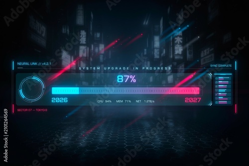 Cyberpunk HUD Hologram Loading Bar 2026 to 2027, Futuristic New Year Digital Matrix Interface.