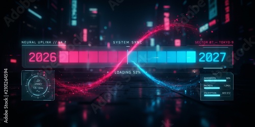 Cyberpunk HUD Hologram Loading Bar 2026 to 2027, Futuristic New Year Digital Matrix Interface.
