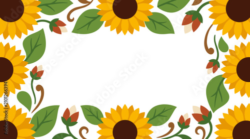 sunflower and leaf border with buds and curly vines, autumn floral frame, rustic harvest motif, simple decorative element