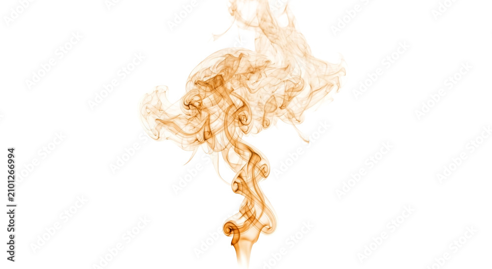 Fototapeta premium Abstract swirling orange smoke wisps against a clean white background