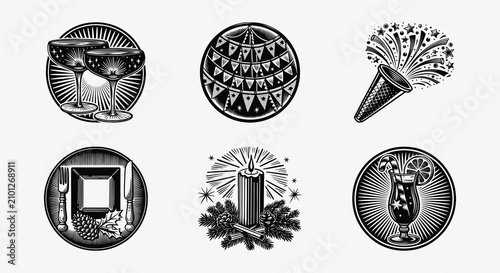 Festive Christmas party supplies vector set in retro black and white linocut style. Includes champagne, cocktail, candle, plate setting, popper and bunting decor.