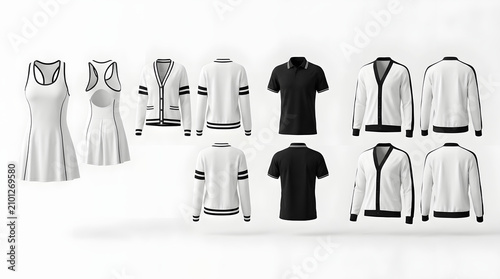 Collection of modern blank clothing apparel mockups featuring tennis dress polo shirt cardigan front and back views isolated on white background