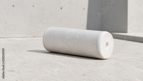 Minimalist stone cylinder on concrete surface in clean minimal studio lighting for commercial design