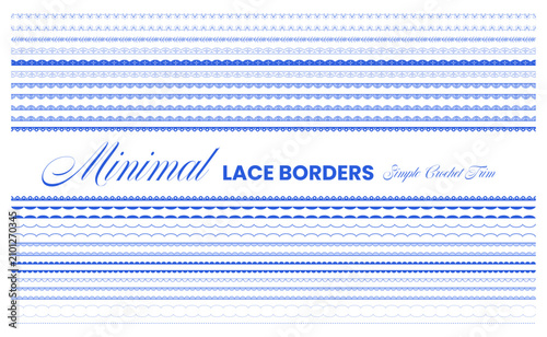 Blue minimal lace border set with scalloped crochet trims, bow accents, floral eyelets, pearl dots on white background for wedding dividers, craft cards, printable stationery label designs.