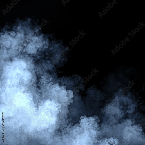 Abstract blue smoke misty fog on isolated black background. Texture overlays. Trendy texture on design element. Stock illustration.