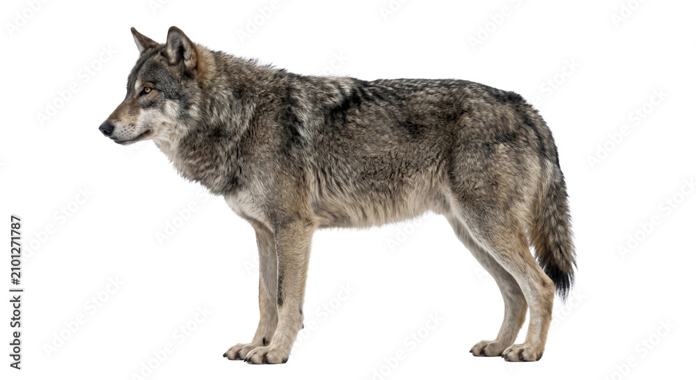 Fototapeta premium A majestic grey wolf stands alert on a pure white background