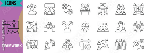 Teamwork collaboration business line icons. people icon set, gears icon set, puzzle icon set