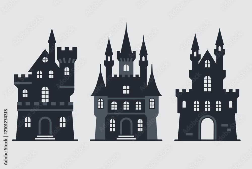 Fototapeta premium Dark gothic medieval castle silhouettes with high spires and majestic stone towers isolated on a light grey background.