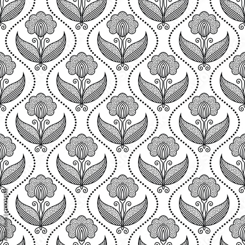 Bohemian monochrome floral ogee seamless pattern