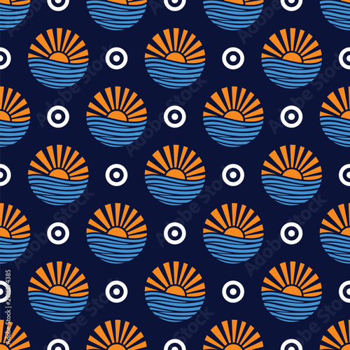 Seamless retro sunset and ocean waves pattern